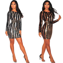 Load image into Gallery viewer, Long Sleeve Mini Sequin Dress Striped Bodycon Dresses
