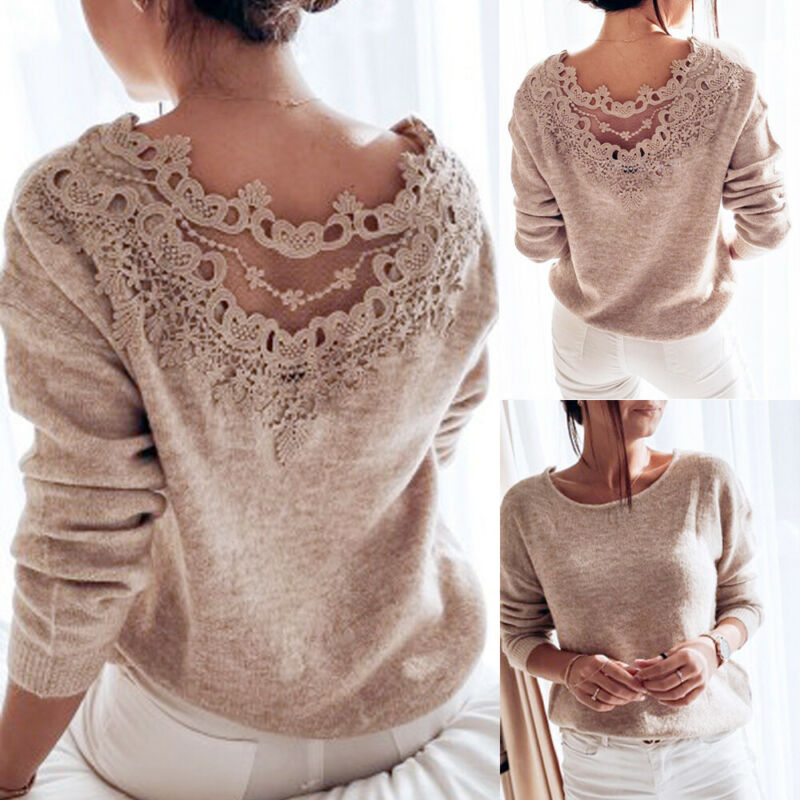 Women's Sweaters Pullover Elegant Lace Backless Long Sleeve Jumper