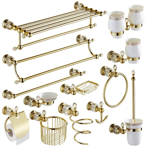 Gold Crystal Towel Rack European Bathroom Hooks Hardware Suite Bathroom Brass Shower Basket Towel Ring Bathroom Accessories - radiantonlinemall