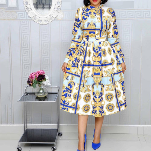 Plus Size Print Vintage Women Dress African Style Office Ladies OL Clothes Plus Size A Line Long Sleeve Midi Autumn Dresses Retro - radiantonlinemall