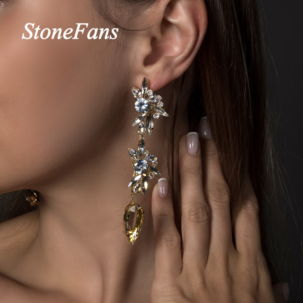 Stonefans Transparent Zircon Ladies Earrings Drop Pendant Jewelry for Women Luxury Stainless Steel Long Earrings Wedding Gift - radiantonlinemall