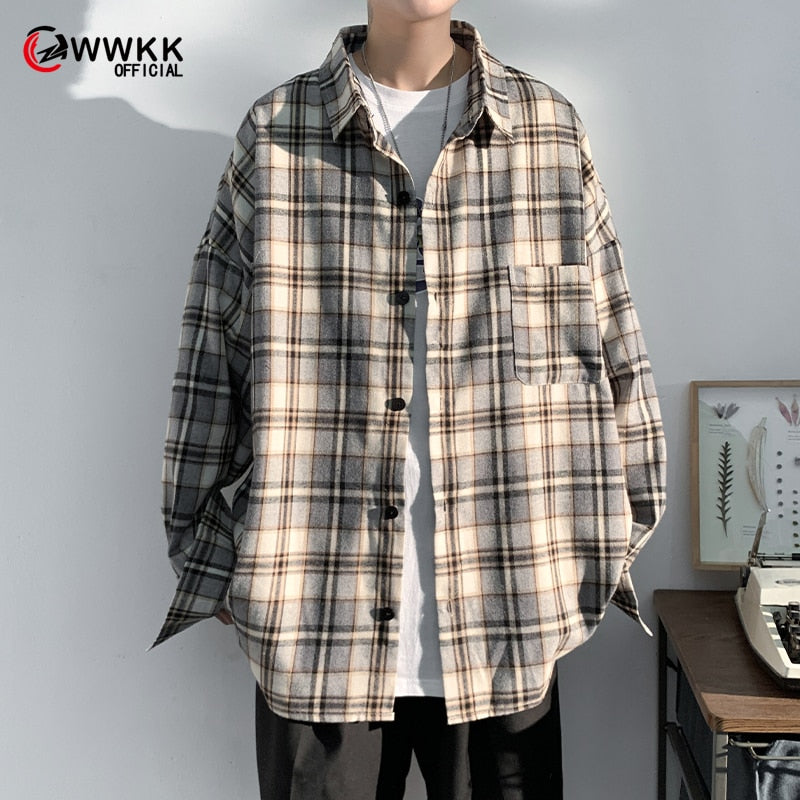 Spring and autumn Hong Kong style ins plaid shirt men's long-sleeved Korean trendy handsome jacket casual loose couple shirt - radiantonlinemall