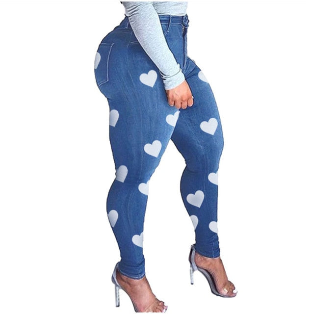 Plus Size Heart Print Distressed Jeans 5XL Stretchy Sexy