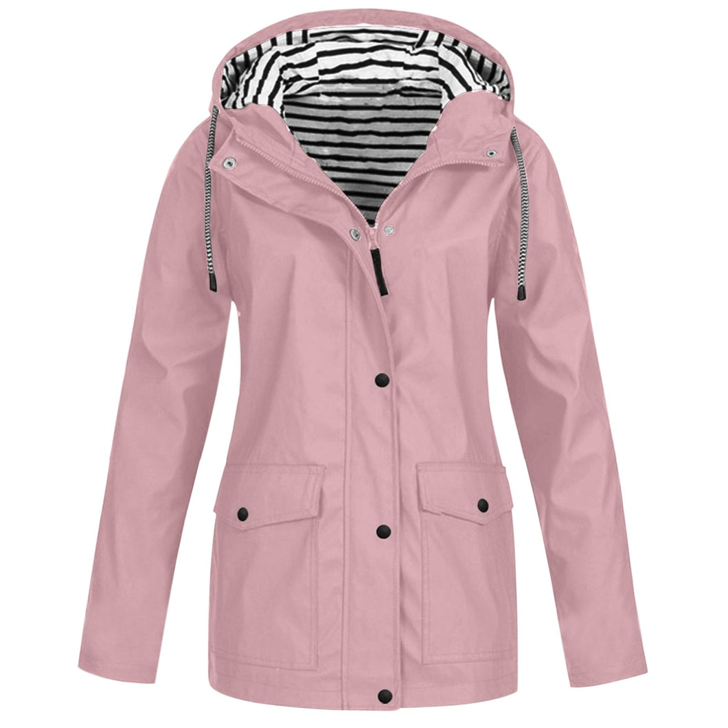Plus Size Short Winter Women Casual Solid Color Jacket Outdoor Hooded Windproof Loose Coat Stripe Print Pocket Women's Coat - radiantonlinemall