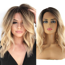 Load image into Gallery viewer, Short Wavy Bob Wig Synthetic Lace Front Wigs X-TRESS Dark Roots Beach Wave Side Part Shoulder Length Lace Wig for Black Women - radiantonlinemall

