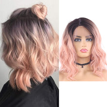 Load image into Gallery viewer, Short Wavy Bob Wig Synthetic Lace Front Wigs X-TRESS Dark Roots Beach Wave Side Part Shoulder Length Lace Wig for Black Women - radiantonlinemall
