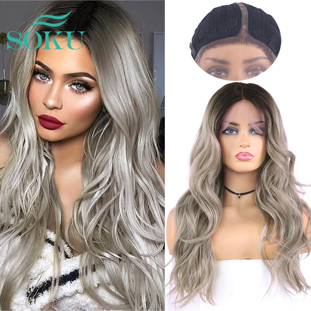 Synthetic Lace Wigs Grey Color Natural Wave Wig Black Women