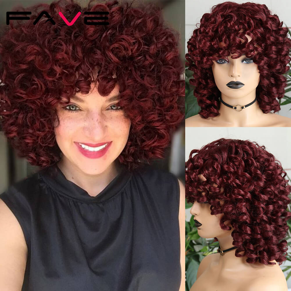 Kinky Curly Wig With Bangs Black Red Synthetic Hair