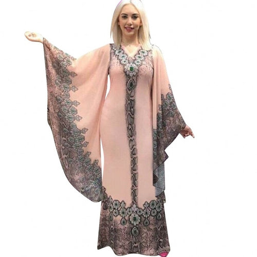 African Dresses for Women Dashiki Print Sexy Slim Ruffle Sleeve V-neck Evening Long - radiantonlinemall