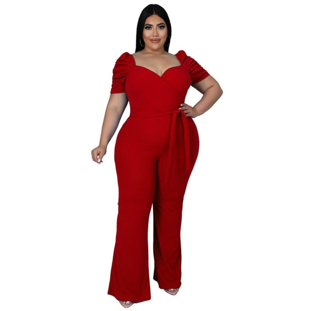 Plus Size Jumpsuits Short Sleeve Sexy V-Neck Wide Leg