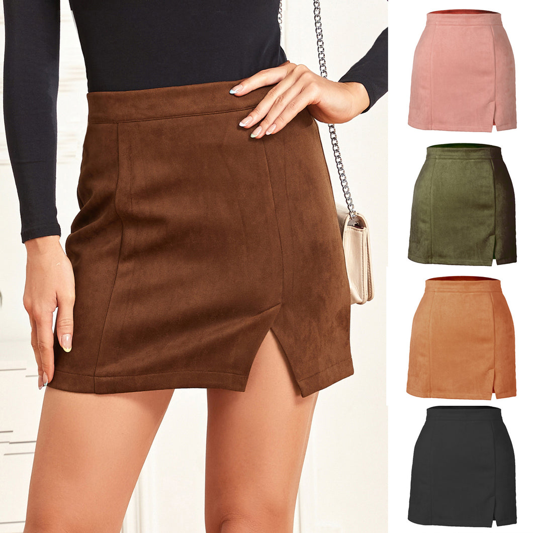 Women Suede Hip Skirt High Waist Zipper  A- Line Mini Skirts